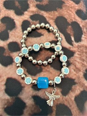 Hand Crafted Silver and Blue Snowflake Charm Bracelet Set
